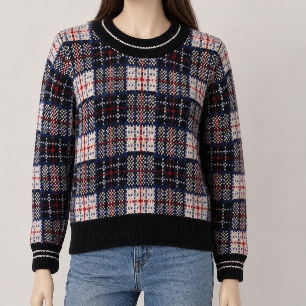 Dex Womens Sweater Red Blue Plaid Knit Crew Neck Long Sleeve S